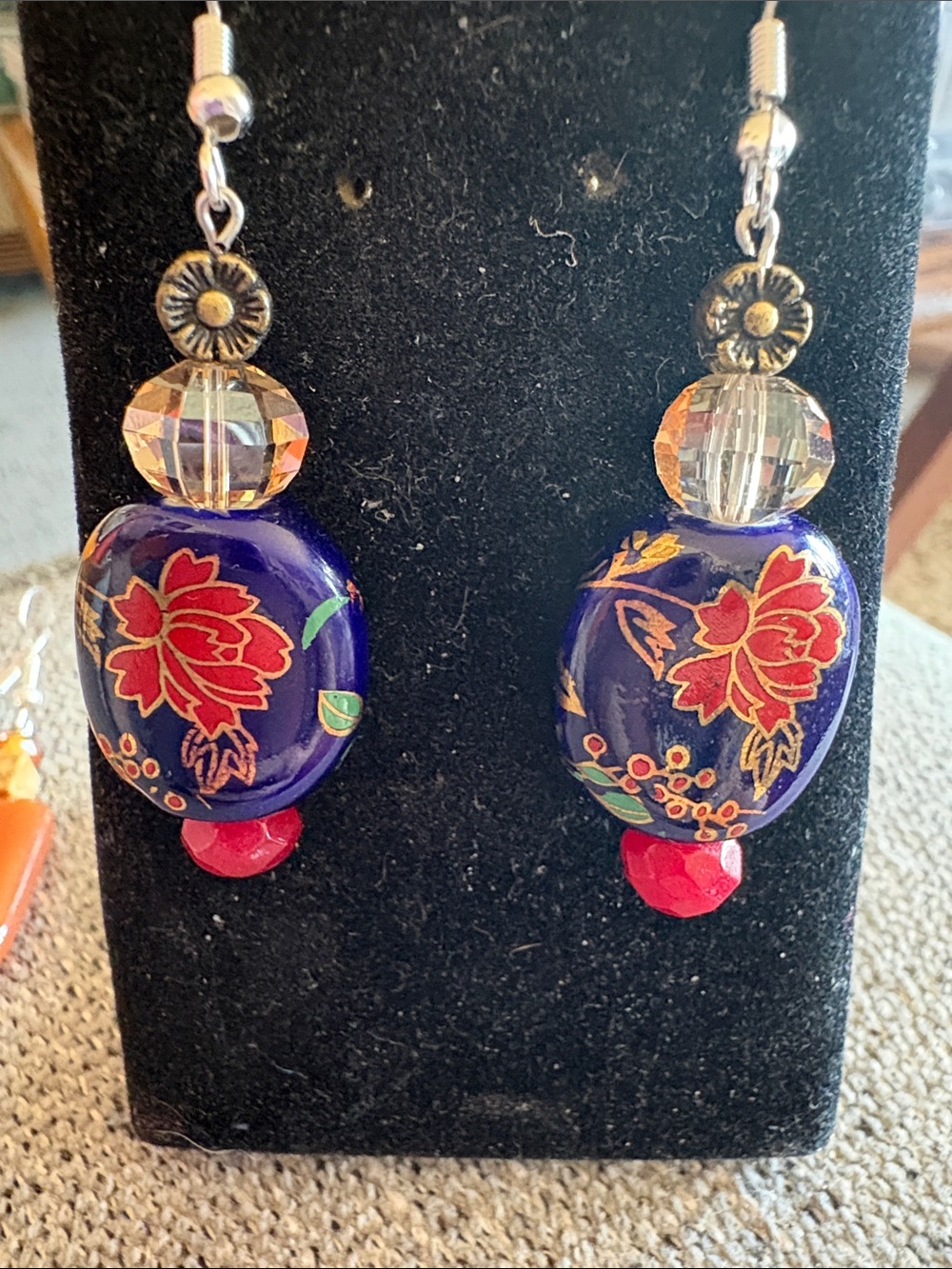 Hand Crafted Cloisonné, Crystal, and Strawberry Quartz Floral Drop Earrings